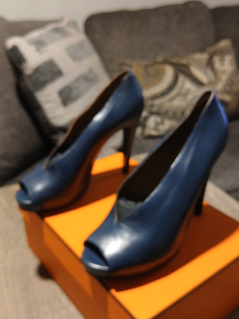 Hermès Gloria Teal Blue Leather Peep Toe Platform Pumps Heels Sz 39 (US 8.5) - Picture 4 of 15